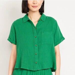 Old Navy Linen-Blend Button-Down Crop Shirt - Large